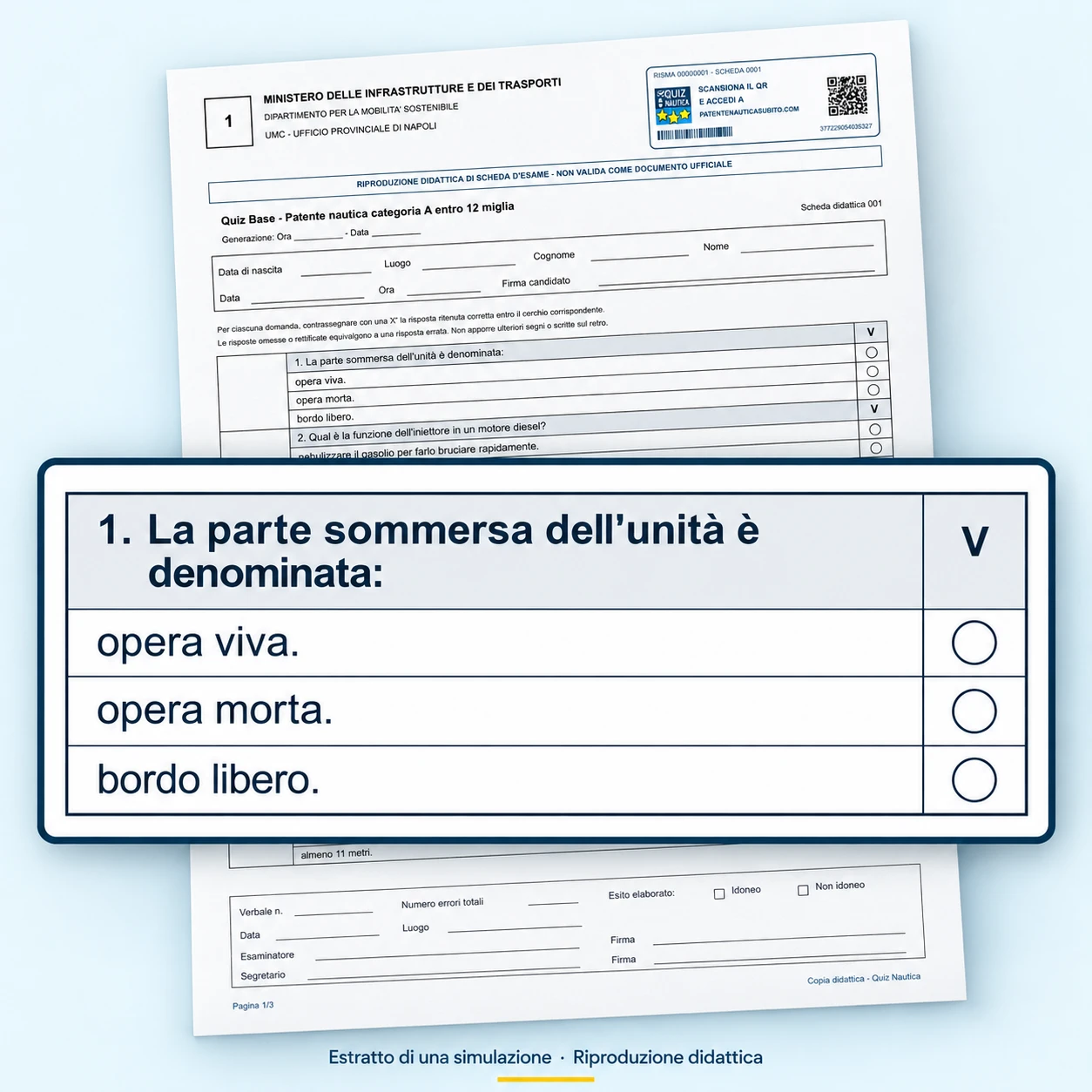 Scheda didattica con una domanda ingrandita: la parte sommersa dell'unità è denominata opera viva, opera morta o bordo libero. Una X a penna blu segna la risposta opera viva; gli altri due cerchietti sono vuoti.