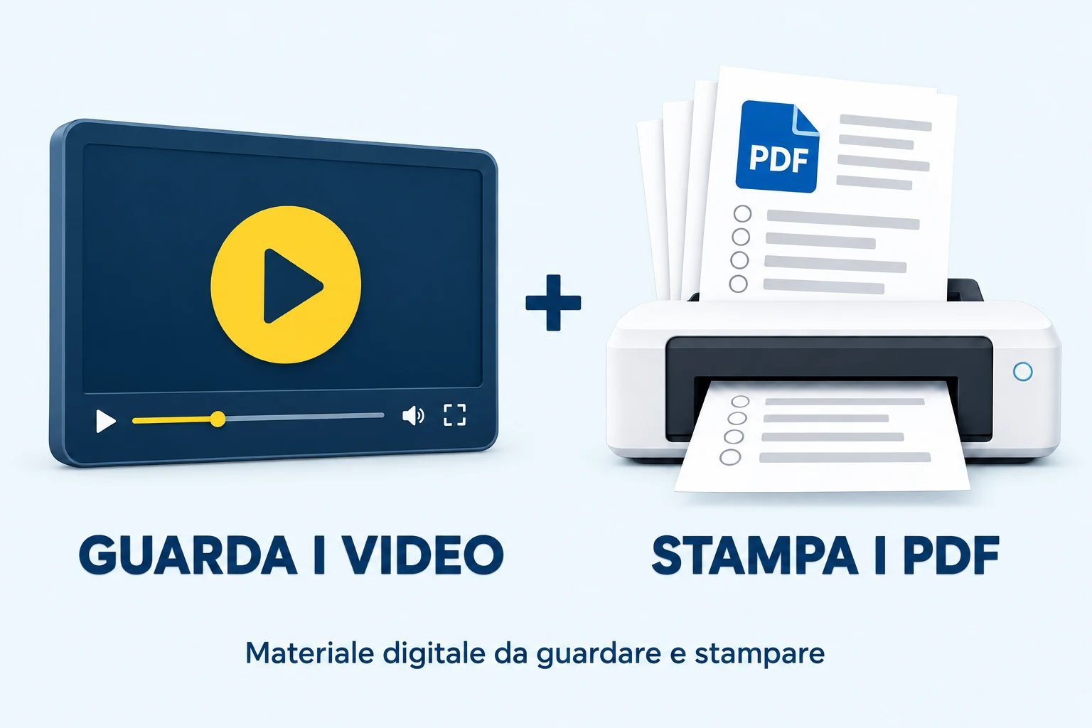 Guarda i video e stampa i PDF: materiale digitale da guardare e stampare. Il player e la stampante illustrano le due modalità di utilizzo.